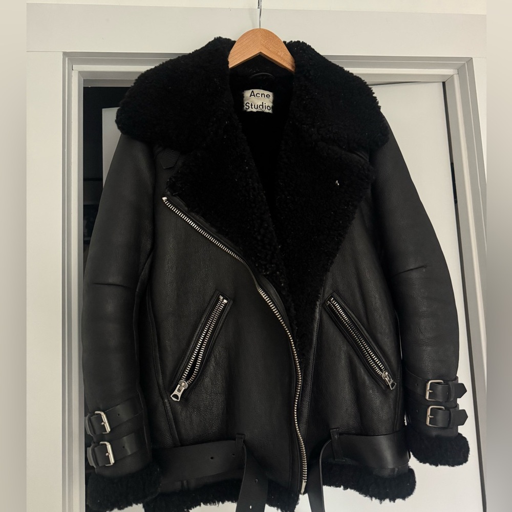 Acne studios black leather shearling jacket